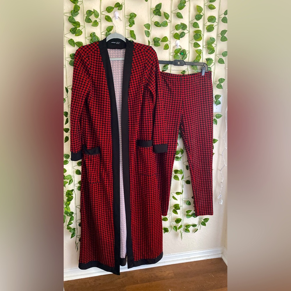 Red and Black Houndstooth Cardigan and Pants Set